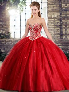 Super Sleeveless Beading Lace Up Sweet 16 Dresses with Red Brush Train