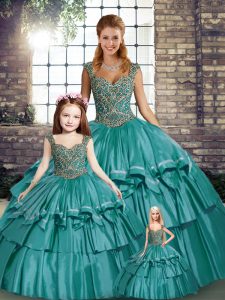 Wonderful Straps Sleeveless Vestidos de Quinceanera Floor Length Beading and Ruffled Layers Teal Taffeta