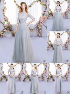 Grey Empire Tulle High-neck Half Sleeves Lace and Belt Floor Length Zipper Quinceanera Court Dresses