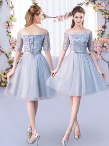 Free and Easy Off The Shoulder Short Sleeves Lace Up Dama Dress for Quinceanera Grey Tulle