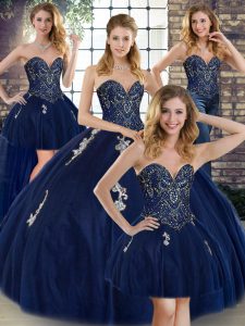 Luxurious Sleeveless Tulle Floor Length Lace Up Quinceanera Gowns in Navy Blue with Beading and Appliques