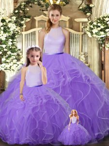 Enchanting Lavender Ball Gowns High-neck Sleeveless Tulle Floor Length Backless Ruffles Sweet 16 Dress