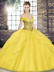 Perfect Floor Length Gold 15 Quinceanera Dress Tulle Sleeveless Beading and Ruffles
