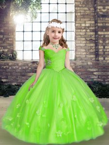Fashionable Straps Sleeveless Tulle Girls Pageant Dresses Beading and Hand Made Flower Lace Up