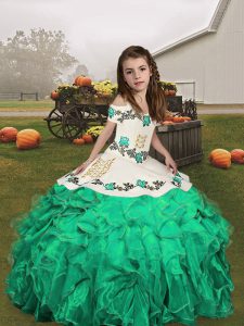 New Arrival Organza Straps Sleeveless Lace Up Embroidery and Ruffles Little Girl Pageant Dress in Turquoise