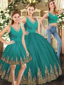 Excellent Turquoise Backless V-neck Embroidery Quinceanera Dresses Tulle Sleeveless