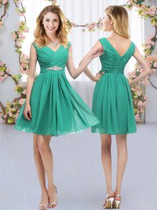 Turquoise Empire V-neck Sleeveless Chiffon Mini Length Zipper Belt Damas Dress