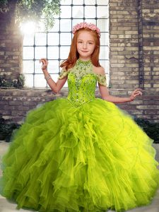 Yellow Green Lace Up Kids Pageant Dress Beading and Ruffles Sleeveless Floor Length