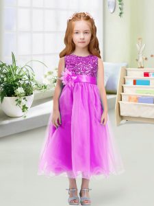 Gorgeous Lilac Organza Zipper Scoop Sleeveless Tea Length Little Girls Pageant Dress Sequins and Hand Made Flower