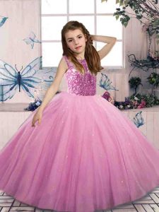 Lilac Sleeveless Floor Length Beading Lace Up Child Pageant Dress