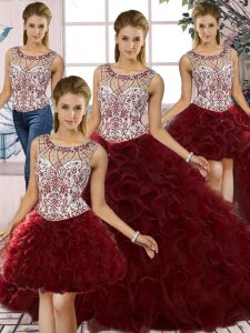 Dynamic Burgundy Ball Gowns Organza Scoop Sleeveless Beading and Ruffles Floor Length Lace Up Quince Ball Gowns