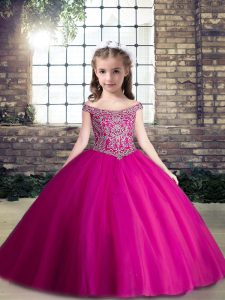 Tulle Sleeveless Floor Length Kids Formal Wear and Beading