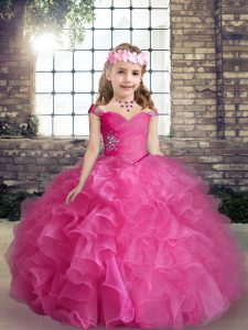 Organza Straps Sleeveless Lace Up Beading and Ruffles Little Girls Pageant Gowns in Hot Pink
