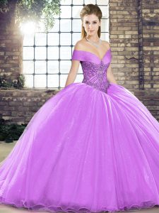 Sweet Lavender Lace Up Off The Shoulder Beading Sweet 16 Dress Organza Sleeveless Brush Train