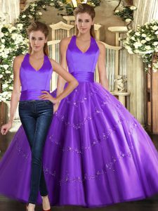 Purple Tulle Lace Up Sweet 16 Quinceanera Dress Sleeveless Floor Length Beading