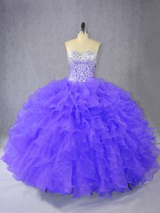 High Quality Sleeveless Organza Floor Length Lace Up 15th Birthday Dress in Purple with Ruffles