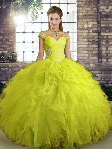 Glamorous Off The Shoulder Sleeveless Sweet 16 Dress Floor Length Beading and Ruffles Yellow Green Tulle
