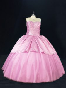 Glamorous Sleeveless Tulle Floor Length Lace Up Quinceanera Dress in Pink with Beading