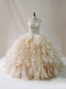 Excellent Champagne Lace Up Halter Top Beading and Ruffles Sweet 16 Dresses Organza Sleeveless