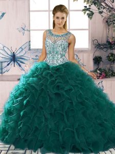 Peacock Green Sleeveless Floor Length Beading and Ruffles Lace Up Sweet 16 Dresses