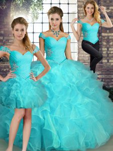 Aqua Blue Off The Shoulder Lace Up Beading and Ruffles Vestidos de Quinceanera Sleeveless