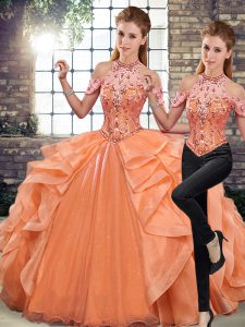 High Quality Organza Halter Top Sleeveless Lace Up Beading and Ruffles 15th Birthday Dress in Orange