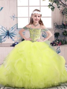 Tulle Off The Shoulder Sleeveless Lace Up Beading and Ruffles Kids Formal Wear in Yellow Green