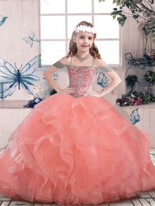 Affordable Sleeveless Tulle Floor Length Lace Up Girls Pageant Dresses in Watermelon Red with Beading and Ruffles
