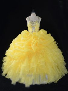 Ball Gowns Ball Gown Prom Dress Yellow Straps Organza Sleeveless Floor Length Zipper