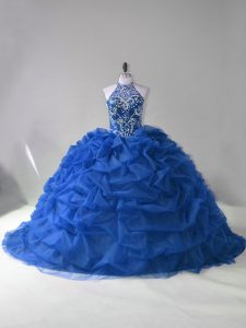 Court Train Ball Gowns Vestidos de Quinceanera Blue Halter Top Organza Sleeveless Lace Up
