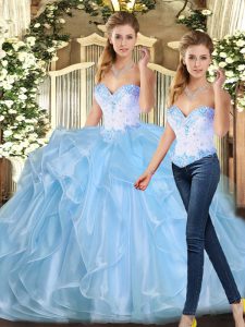 Discount Floor Length Blue Sweet 16 Dresses Organza Sleeveless Beading and Ruffles