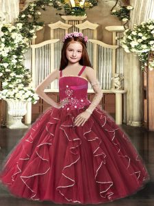 Adorable Tulle Straps Sleeveless Lace Up Beading and Ruffles Custom Made Pageant Dress in Burgundy