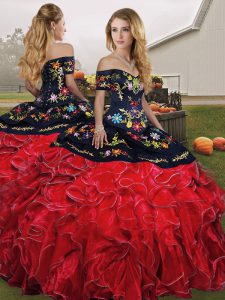 Red And Black Ball Gowns Embroidery and Ruffles Quinceanera Dresses Lace Up Organza Sleeveless Floor Length