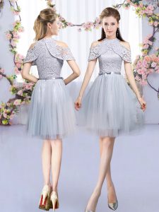 Tulle High-neck Sleeveless Zipper Lace and Belt Dama Dress for Quinceanera in Grey