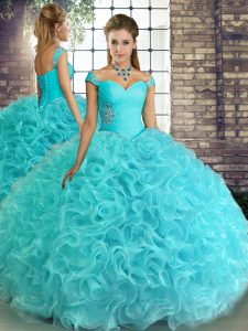 Pretty Aqua Blue Ball Gowns Beading Sweet 16 Dresses Lace Up Fabric With Rolling Flowers Sleeveless Floor Length