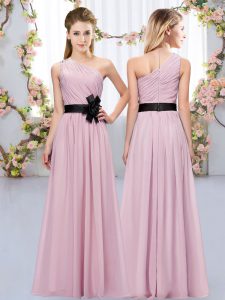 Edgy Sleeveless Chiffon Floor Length Zipper Quinceanera Court Dresses in Pink with Belt