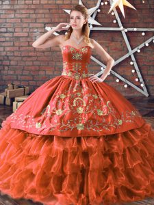 Admirable Rust Red Sleeveless Embroidery and Ruffled Layers Floor Length Quinceanera Gown