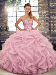 Edgy Pink Ball Gowns Beading and Ruffles Quince Ball Gowns Lace Up Tulle Sleeveless Floor Length