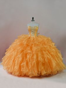 High Quality Orange Organza Lace Up Sweetheart Sleeveless Floor Length Ball Gown Prom Dress Beading and Ruffles