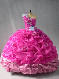 Spectacular Sleeveless Floor Length Pick Ups and Hand Made Flower Lace Up Quinceanera Dress with Fuchsia