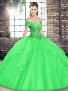 Luxury Sleeveless Tulle Floor Length Lace Up Sweet 16 Dresses in Green with Beading and Ruffles