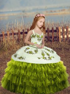 Most Popular Floor Length Green Little Girls Pageant Gowns Organza Sleeveless Embroidery and Ruffled Layers