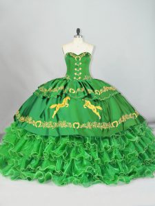 Green Sleeveless Embroidery and Ruffled Layers Lace Up Ball Gown Prom Dress
