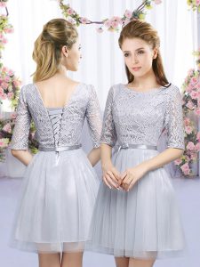 Custom Designed Scoop Half Sleeves Lace Up Quinceanera Court Dresses Grey Tulle