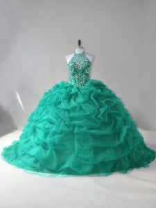 High Quality Turquoise Tulle Lace Up Sweet 16 Dress Sleeveless Court Train Beading and Pick Ups