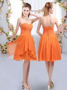 Lovely Orange Lace Up Dama Dress for Quinceanera Ruffles and Ruching Sleeveless Knee Length