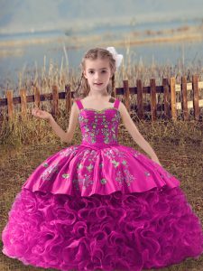 Elegant Fuchsia Sleeveless Fabric With Rolling Flowers Sweep Train Lace Up Little Girl Pageant Gowns for Wedding Party
