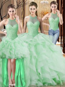 Artistic Apple Green Sleeveless Beading and Ruffles Lace Up Quinceanera Gowns
