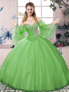 Green Lace Up Vestidos de Quinceanera Beading Long Sleeves Floor Length