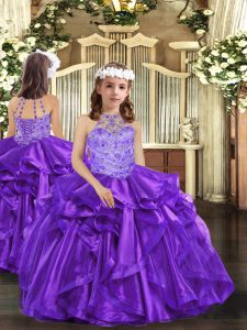 Best Purple Ball Gowns Beading and Ruffles Little Girls Pageant Dress Lace Up Organza Sleeveless Floor Length